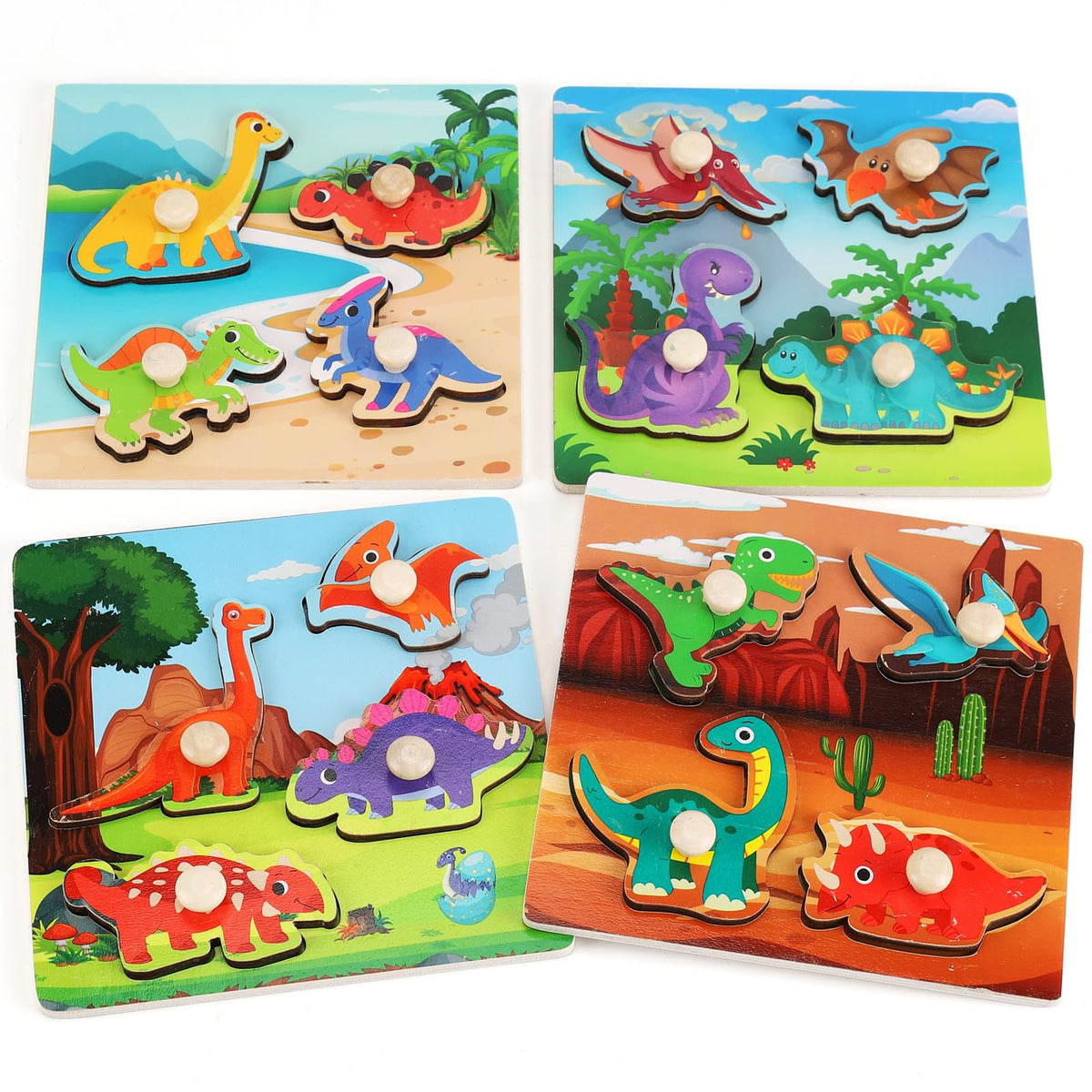 Wooden Peg Puzzles for Toddlers 1-3, Kids' Educational Preschool Peg Puzzle Toy, Set of 4 Toddler Puzzles - Farm, Dinosaur, Fruit and Marine Animals, Ideal Gift for Ages 1 2 3 Boys and Girls