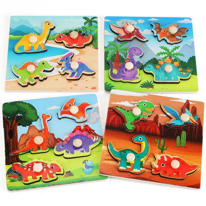 Wooden Peg Puzzles for Toddlers 1-3, Kids' Educational Preschool Peg Puzzle Toy, Set of 4 Toddler Puzzles - Farm, Dinosaur, Fruit and Marine Animals, Ideal Gift for Ages 1 2 3 Boys and Girls