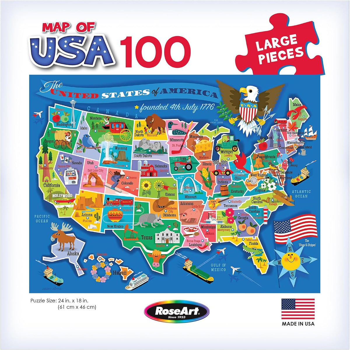 RoseArt Map of USA Puzzle for Kids – 100 Large Pieces, 24" x 18" – Educational United States Puzzle with Fun State Illustrations – Made in USA – Learning Toy for Ages 6+