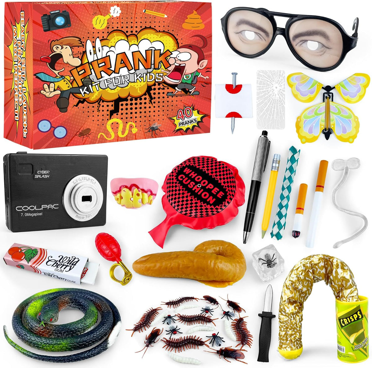 40 PCS Prank Kit for Kids Prank Toys Pack Set Box for Gifts April Fools Pranks Practical Jokes for Halloween Christmas Birthdays