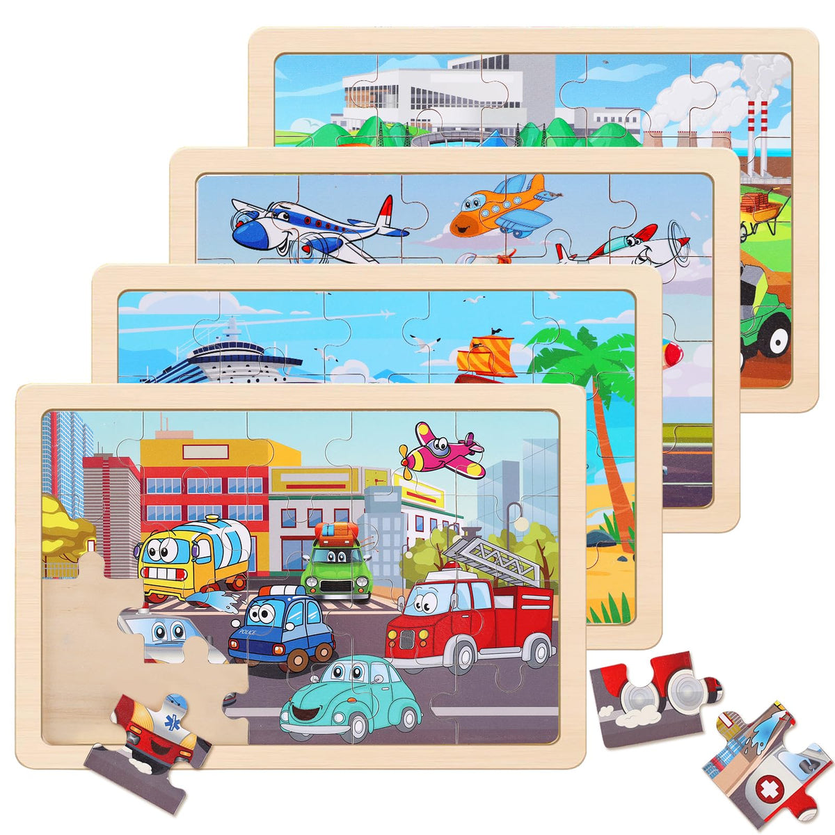 Wooden Puzzles Dinosaur Toys for Kids Ages 3-5, Set of 4 Packs with 20-Piece Wood Jigsaw Puzzles, Preschool Educational Brain Teaser Boards for Boys and Girls 3 4 5 6 Years Old
