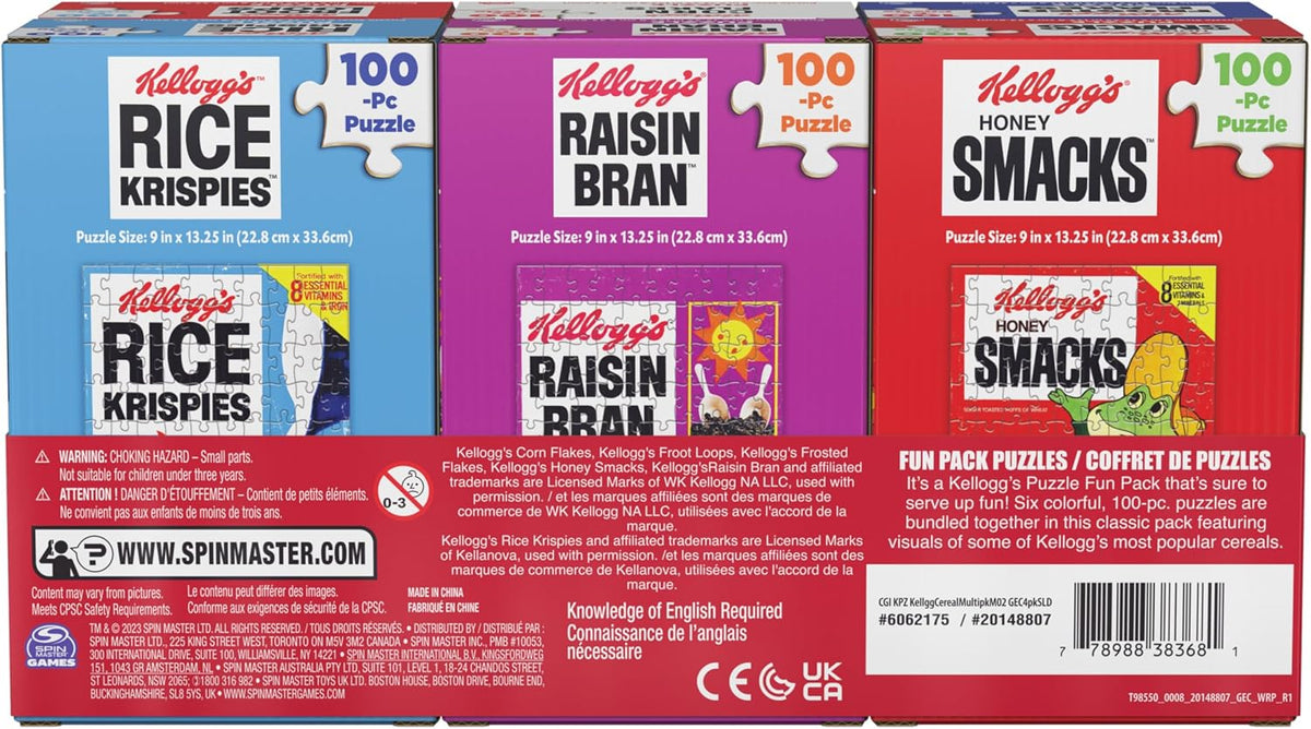 Spin Master Games, Kellogg's Cereal 100-Piece Puzzles 6-Pack, Square Cereal Boxes Puzzle Gift Set, Froot Loops, Rice Krispies, Raisin Bran, Corn Flakes, Frosted Flakes, Honey Smacks for Ages 4 & Up