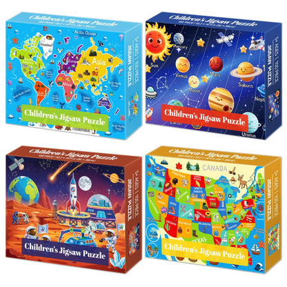 4 Packs 100 Piece Puzzles for Kids Ages 4-6 6-8 8-10, USA World Map Kids Puzzles Ages 3-5 4-6 5-8, Solar System Mars Adventure 100 Piece Puzzle for Adults Seniors, Educational Jigsaw Puzzles 15"x10"