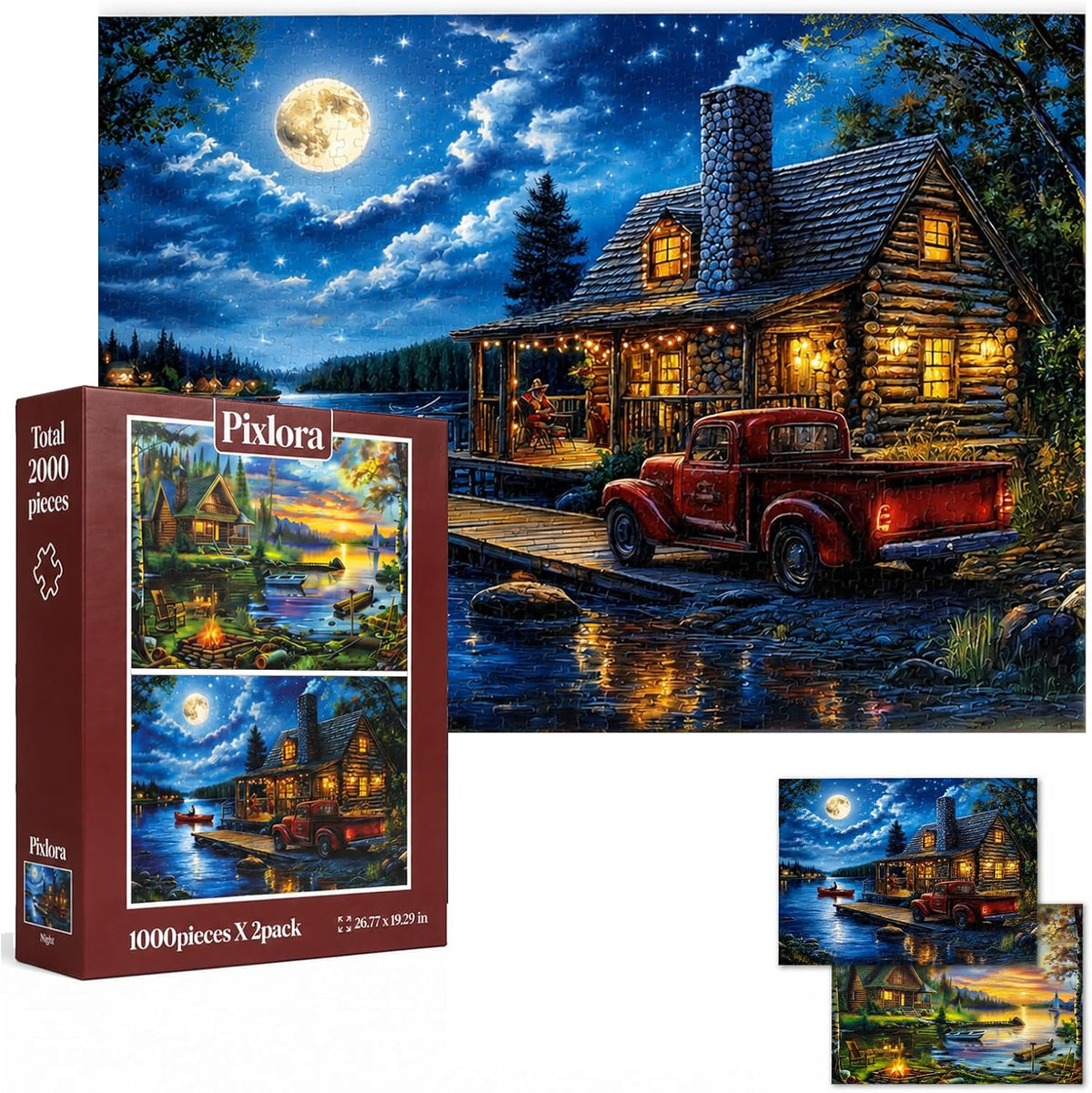 Puzzles for Adults 1000 Pieces, 2 Pack Unique 1000 Piece Lake and Night View Jigsaw Puzzles, Premium Scenic Landscape Puzzles & Nature Theme for Challenging Game Night