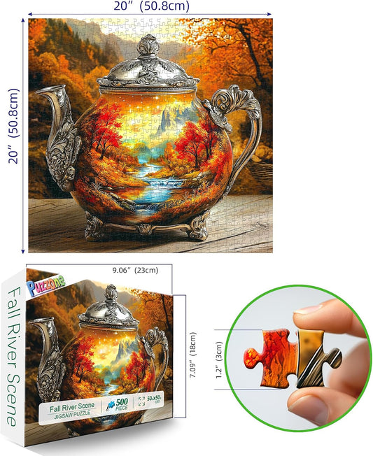 Vintage Autumn Landscape Teapot 500 Piece Puzzle for Adults Whimsical Fantasy Mountain River Nature Scenery Art with Letters on Back Challenging Games Gifts for Seniors & Families- 20x20 Inch