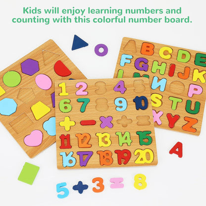 Wooden Puzzles for Kids Ages 3-5, 3 Pack ABC Number and Shape Learning Toys
