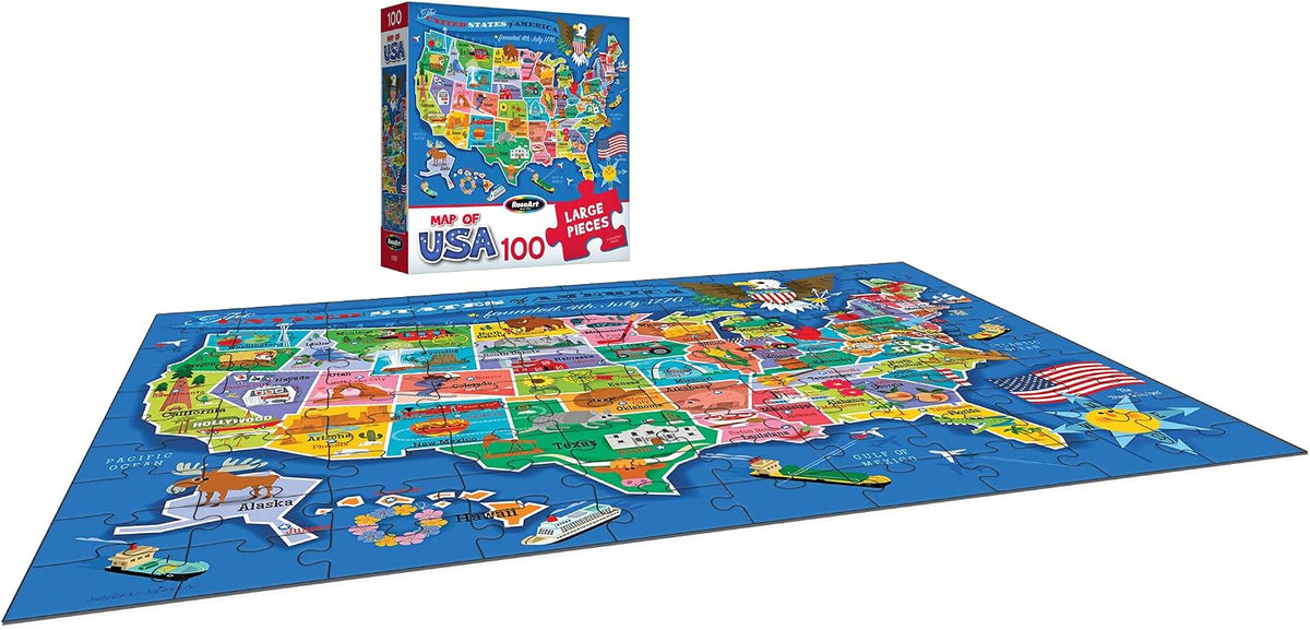 RoseArt Map of USA Puzzle for Kids – 100 Large Pieces, 24" x 18" – Educational United States Puzzle with Fun State Illustrations – Made in USA – Learning Toy for Ages 6+