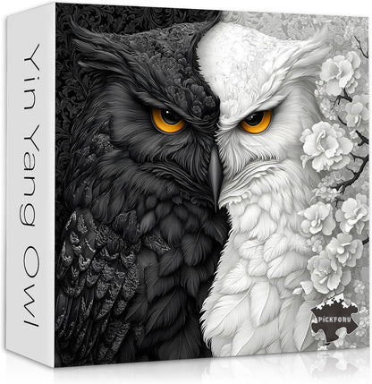 Yin Yang Owl Puzzle for Adults 1000 Pieces，Black and White Puzzles Owl Flowers, Impossible Difficult Hard Bird Jigsaw Puzzle, Animal Floral Art Challenge Puzzle Aesthetic