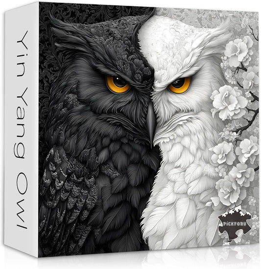 Yin Yang Owl Puzzle for Adults 1000 Pieces，Black and White Puzzles Owl Flowers, Impossible Difficult Hard Bird Jigsaw Puzzle, Animal Floral Art Challenge Puzzle Aesthetic