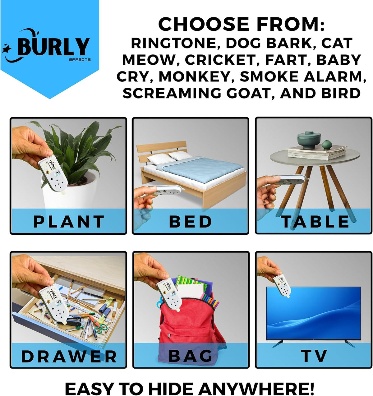 Hidden Noise Maker Gag Prank - 10 Different Sounds - Ringtone, Dog, Cat, Cricket, Fart, Baby Cry, Smoke Alarm, Monkey, Screaming Goat, Bird (1 Pack)