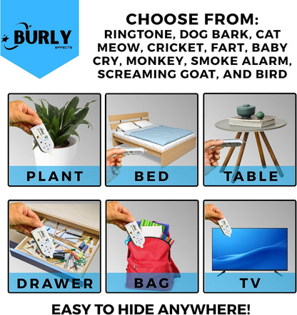 Hidden Noise Maker Gag Prank - 10 Different Sounds - Ringtone, Dog, Cat, Cricket, Fart, Baby Cry, Smoke Alarm, Monkey, Screaming Goat, Bird (1 Pack)