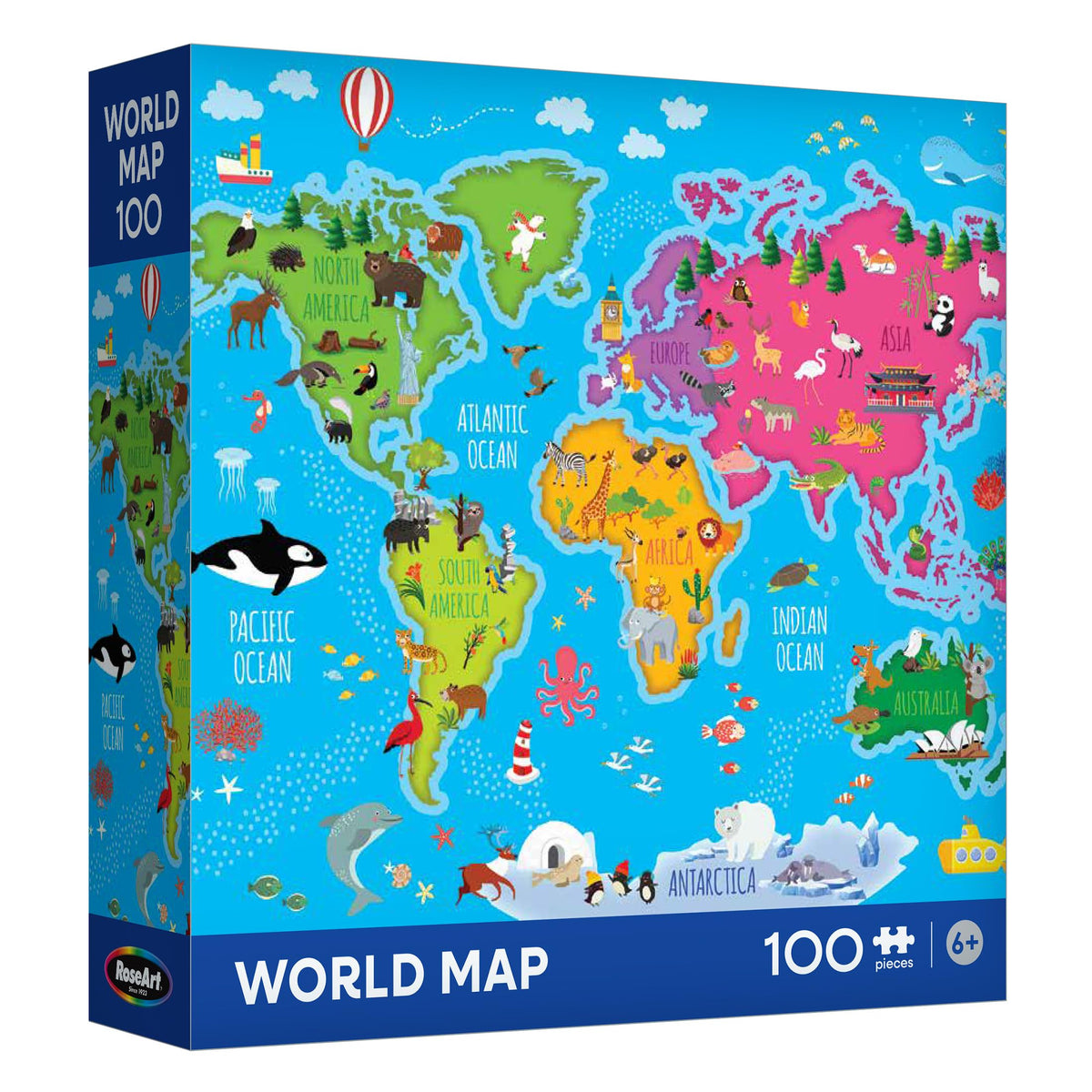 RoseArt Map of USA Puzzle for Kids – 100 Large Pieces, 24" x 18" – Educational United States Puzzle with Fun State Illustrations – Made in USA – Learning Toy for Ages 6+