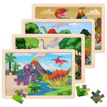 Wooden Educational Jigsaw Puzzles for Preschool Kids Ages 3-5, 4-Pack with 20 Pieces Dinosaur, Space, Transportation Wood Puzzles Set, Kids Brain Teaser Toys, Gifts for Boys Girls Ages 3 4 5 6