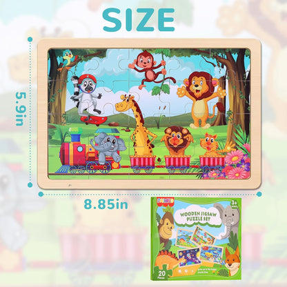 Wooden Educational Jigsaw Puzzles for Preschool Kids Ages 3-5, 4-Pack with 20 Pieces Dinosaur, Space, Transportation Wood Puzzles Set, Kids Brain Teaser Toys, Gifts for Boys Girls Ages 3 4 5 6