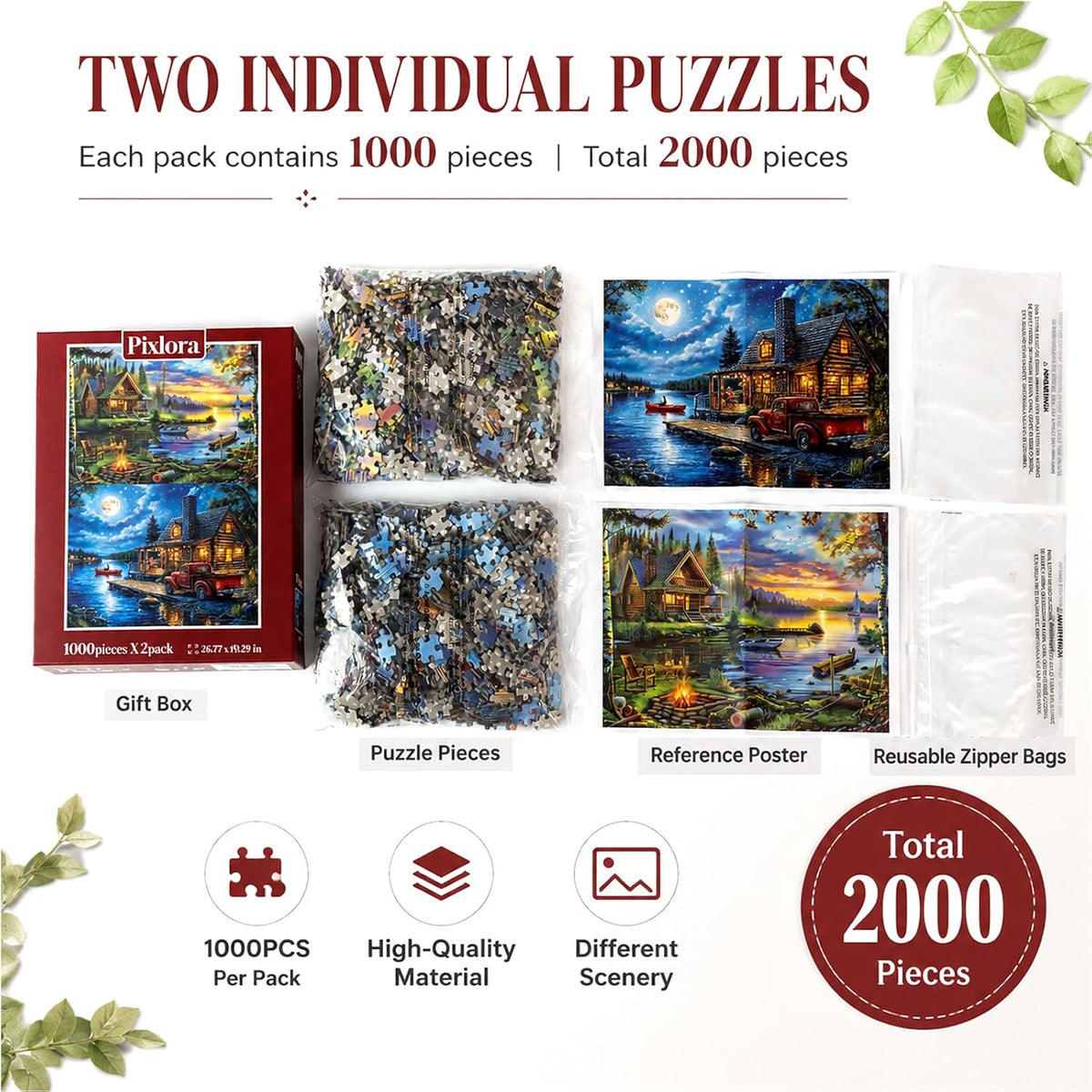 Puzzles for Adults 1000 Pieces, 2 Pack Unique 1000 Piece Lake and Night View Jigsaw Puzzles, Premium Scenic Landscape Puzzles & Nature Theme for Challenging Game Night