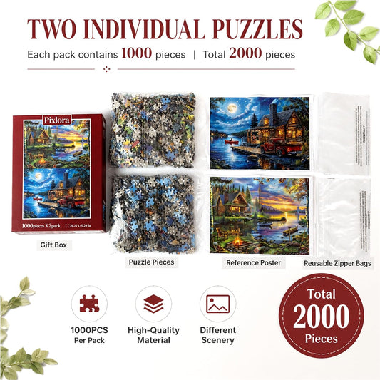 Puzzles for Adults 1000 Pieces, 2 Pack Unique 1000 Piece Lake and Night View Jigsaw Puzzles, Premium Scenic Landscape Puzzles & Nature Theme for Challenging Game Night