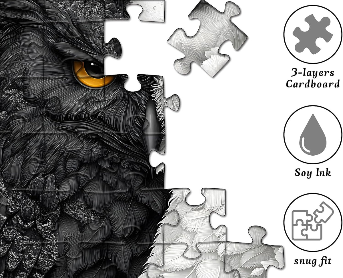 Yin Yang Owl Puzzle for Adults 1000 Pieces，Black and White Puzzles Owl Flowers, Impossible Difficult Hard Bird Jigsaw Puzzle, Animal Floral Art Challenge Puzzle Aesthetic