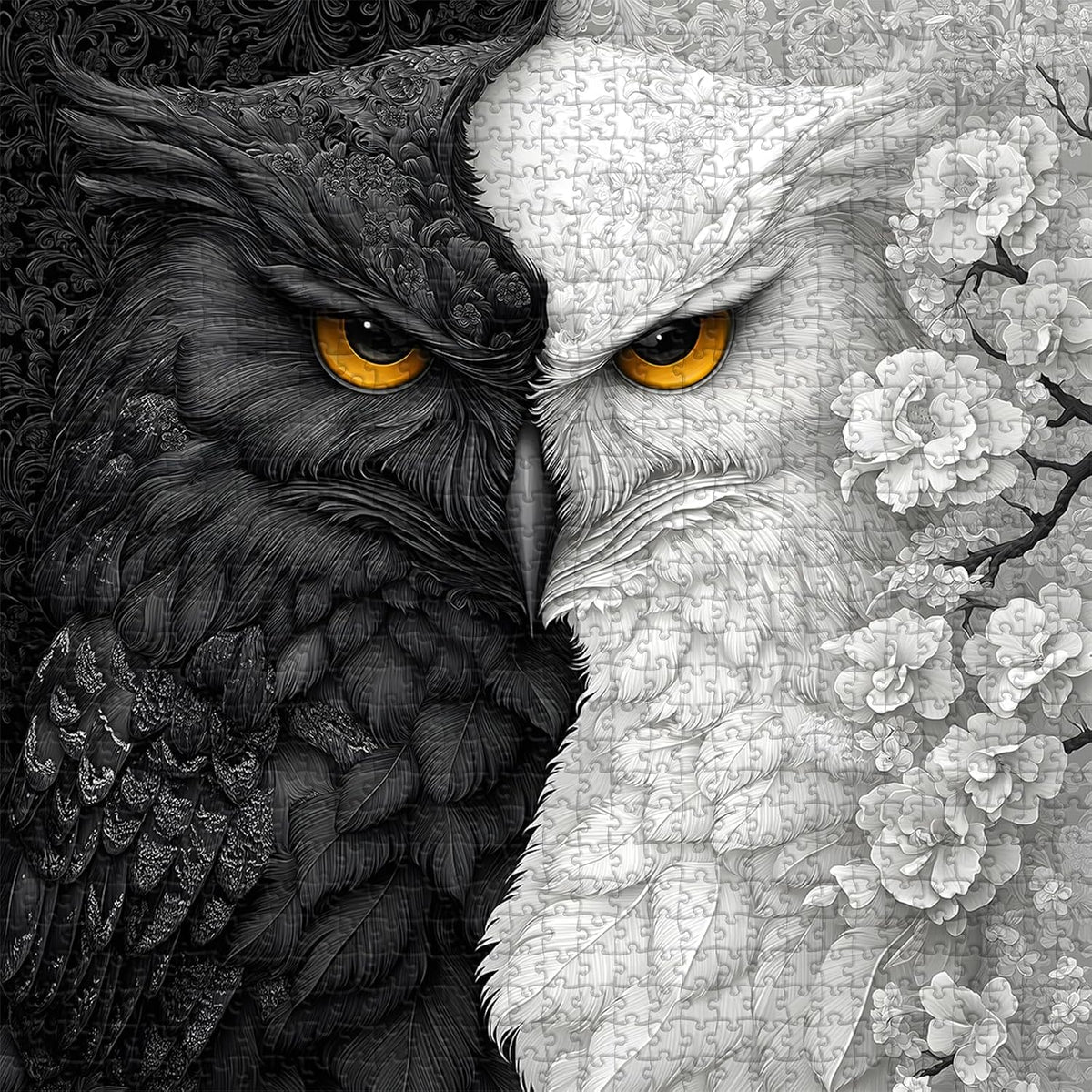 Yin Yang Owl Puzzle for Adults 1000 Pieces，Black and White Puzzles Owl Flowers, Impossible Difficult Hard Bird Jigsaw Puzzle, Animal Floral Art Challenge Puzzle Aesthetic
