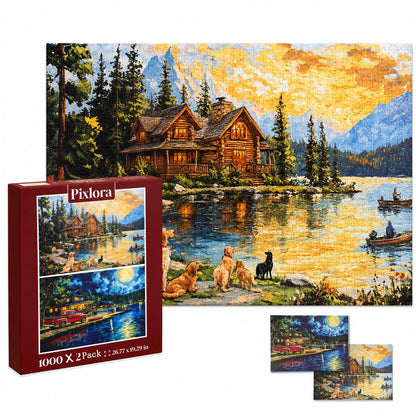 Puzzles for Adults 1000 Pieces, 2 Pack Unique 1000 Piece Lake and Night View Jigsaw Puzzles, Premium Scenic Landscape Puzzles & Nature Theme for Challenging Game Night