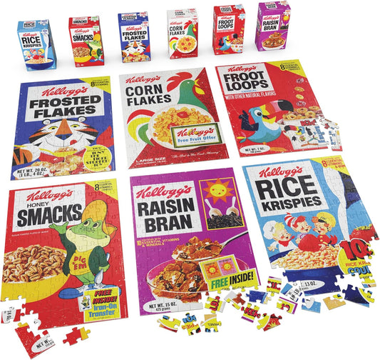 Spin Master Games, Kellogg's Cereal 100-Piece Puzzles 6-Pack, Square Cereal Boxes Puzzle Gift Set, Froot Loops, Rice Krispies, Raisin Bran, Corn Flakes, Frosted Flakes, Honey Smacks for Ages 4 & Up