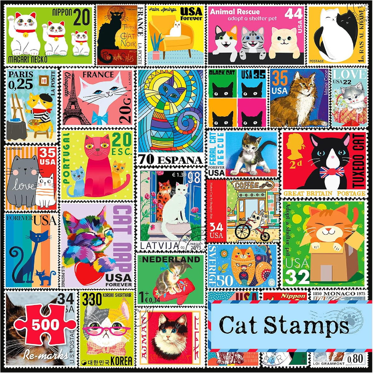 Re-marks Cat Postage-Stamp Collage Puzzle, 500-Piece Puzzle for All Ages