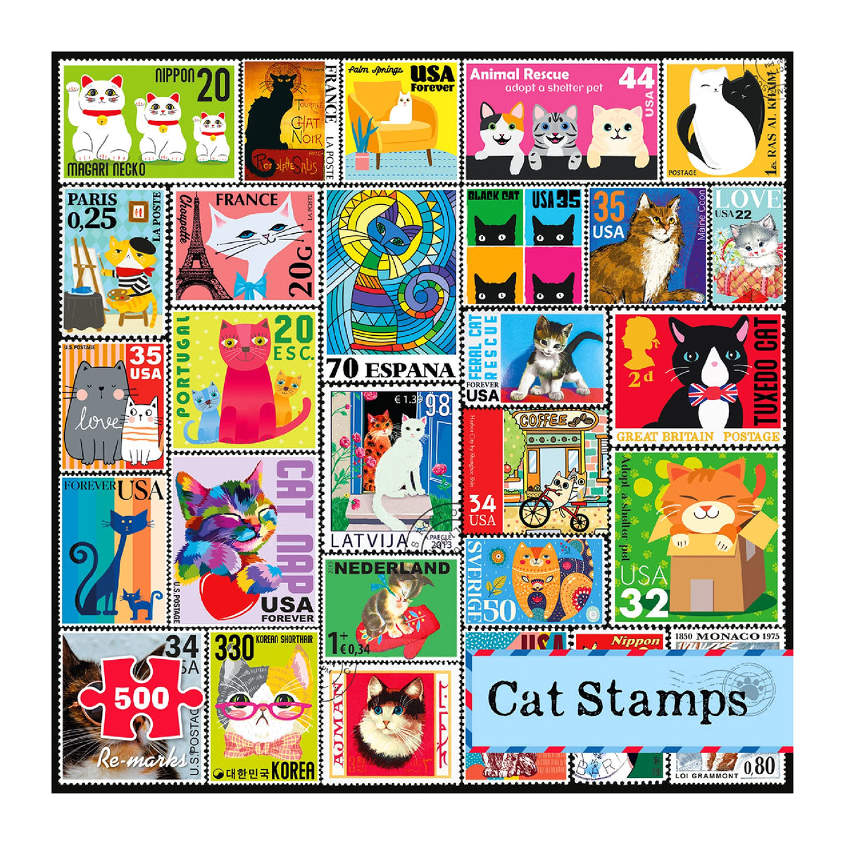 Re-marks Cat Postage-Stamp Collage Puzzle, 500-Piece Puzzle for All Ages