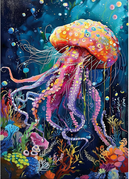 1000 Piece Jigsaw Puzzle for Adults Cute Jellyfish Colorful Ocean Underwater Scene Sea Life Coral Reefs Beautiful Marine Creatures Landscape Puzzle for Family Game Night(27.6" x 19.7")