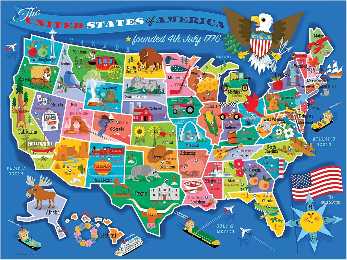 RoseArt Map of USA Puzzle for Kids – 100 Large Pieces, 24" x 18" – Educational United States Puzzle with Fun State Illustrations – Made in USA – Learning Toy for Ages 6+