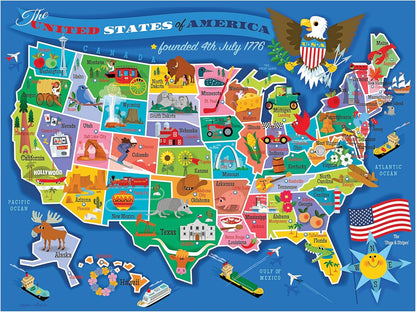 RoseArt Map of USA Puzzle for Kids – 100 Large Pieces, 24" x 18" – Educational United States Puzzle with Fun State Illustrations – Made in USA – Learning Toy for Ages 6+