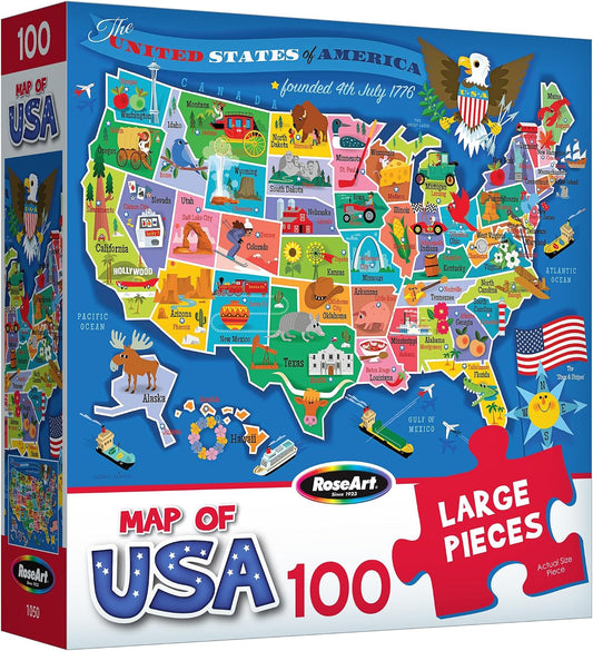 RoseArt Map of USA Puzzle for Kids – 100 Large Pieces, 24" x 18" – Educational United States Puzzle with Fun State Illustrations – Made in USA – Learning Toy for Ages 6+