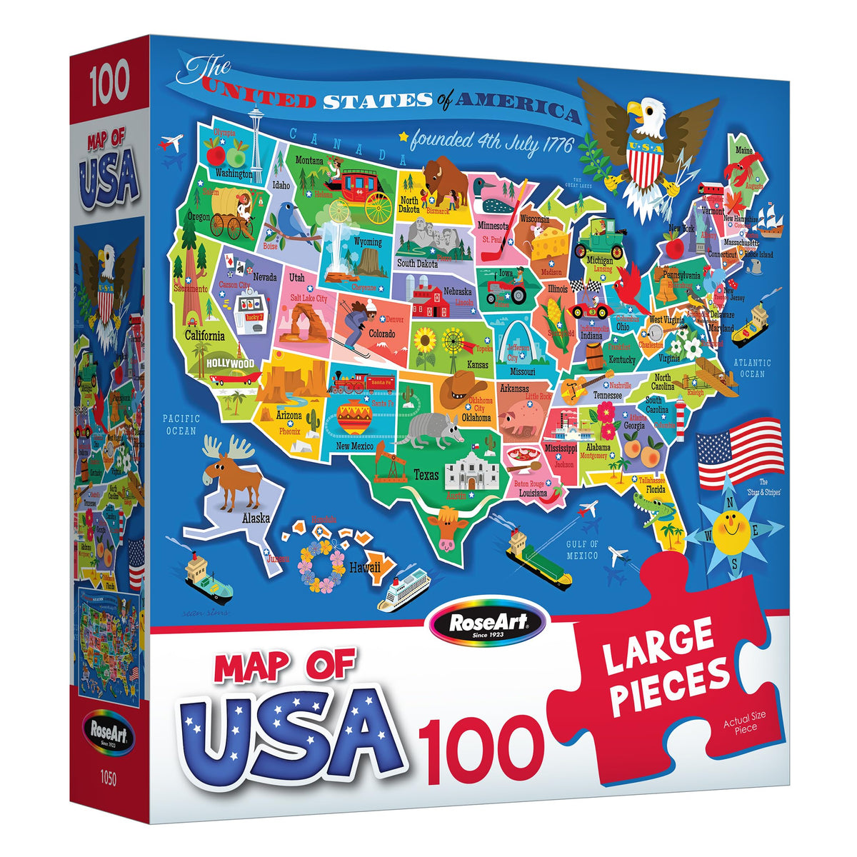 RoseArt Map of USA Puzzle for Kids – 100 Large Pieces, 24" x 18" – Educational United States Puzzle with Fun State Illustrations – Made in USA – Learning Toy for Ages 6+