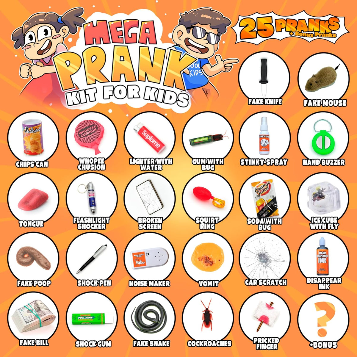 DIMROM Prank Kit for Kids - 25 Gags & Practical Joke Toys - Prank Stuff for April Fools - Ultimate Practical Jokes - Gag Gifts for Kids - Big Funny Toys Pack Set Box + Bonus Inside