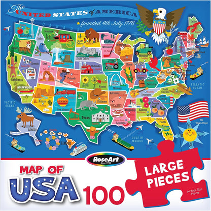 RoseArt Map of USA Puzzle for Kids – 100 Large Pieces, 24" x 18" – Educational United States Puzzle with Fun State Illustrations – Made in USA – Learning Toy for Ages 6+