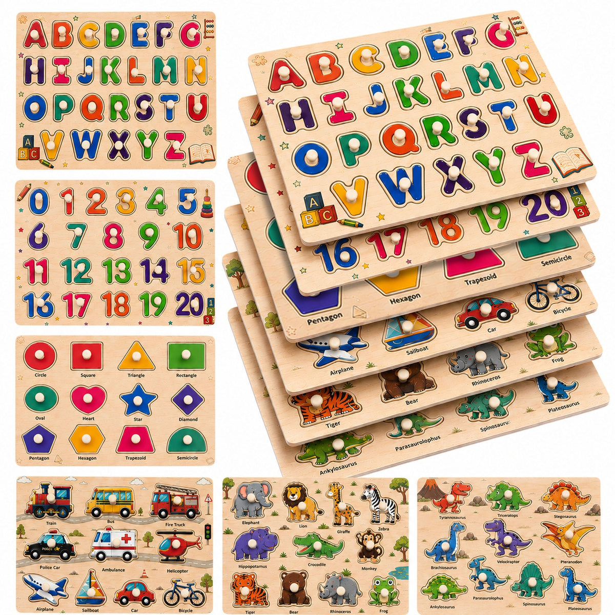 Wooden Puzzles for Kids Ages 3-5, 3 Pack ABC Number and Shape Learning Toys