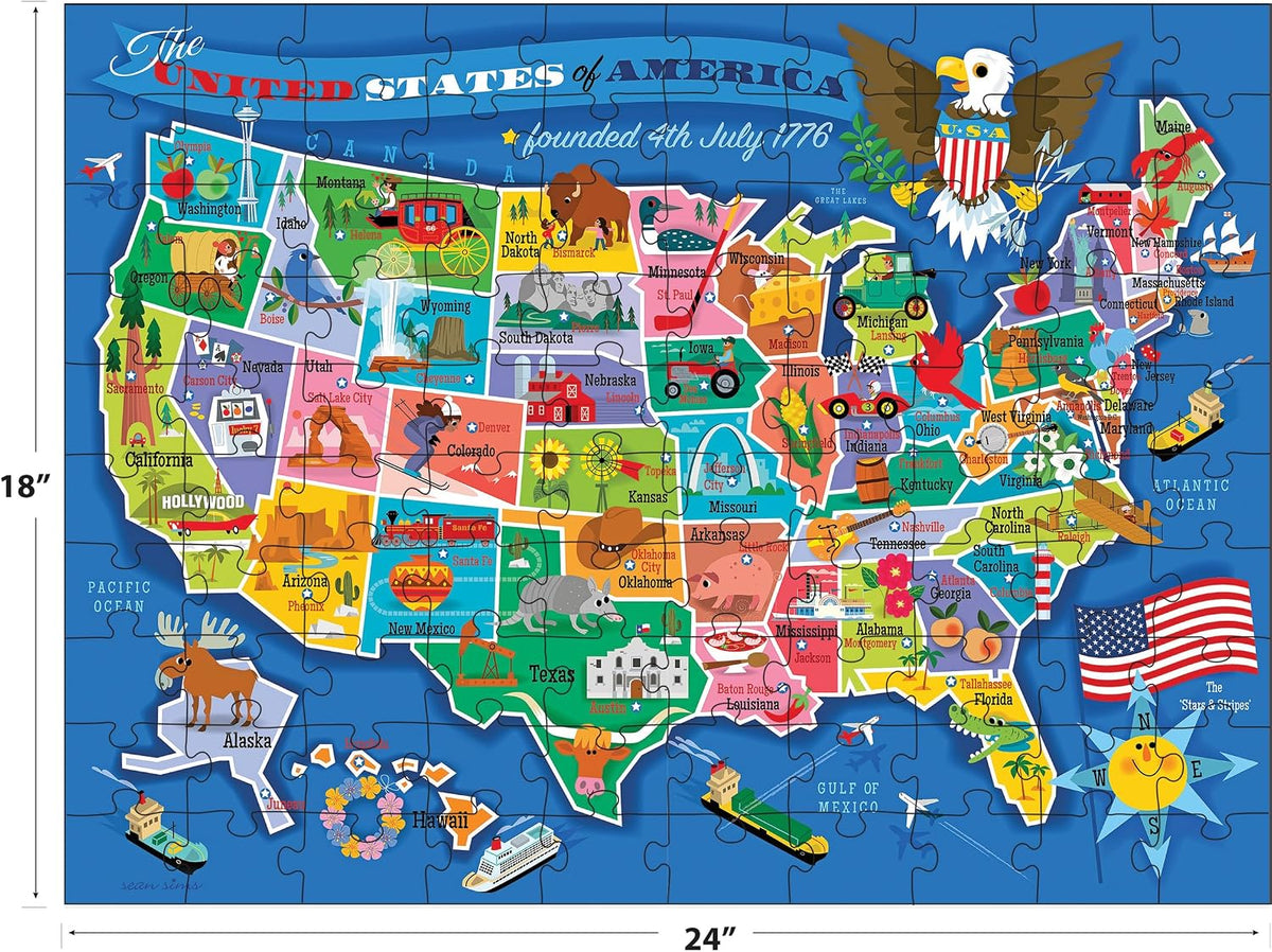 RoseArt Map of USA Puzzle for Kids – 100 Large Pieces, 24" x 18" – Educational United States Puzzle with Fun State Illustrations – Made in USA – Learning Toy for Ages 6+