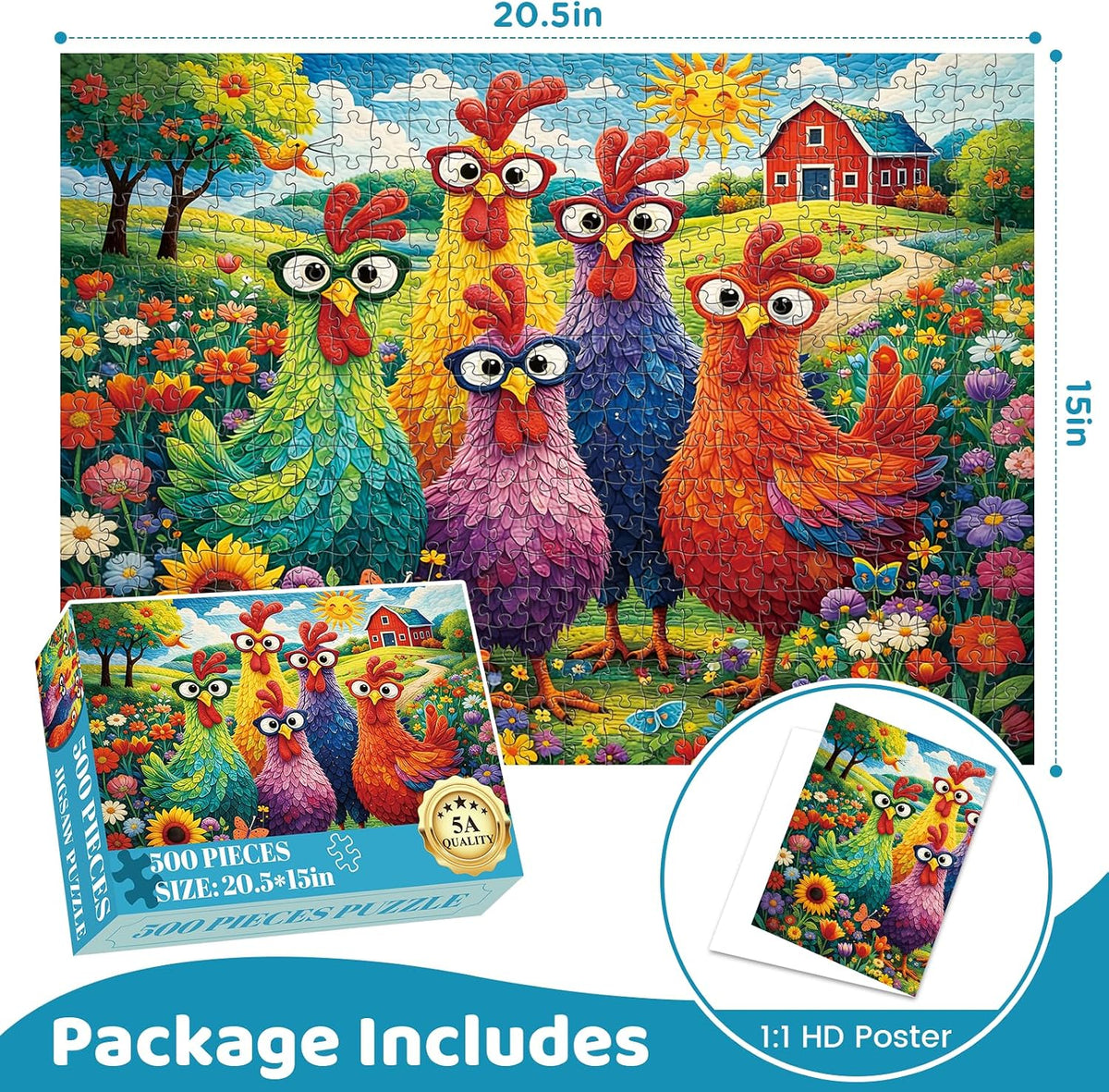 Puzzles for Adults 500 Pieces,Colorful Chicken Jigsaw Puzzle for Adults