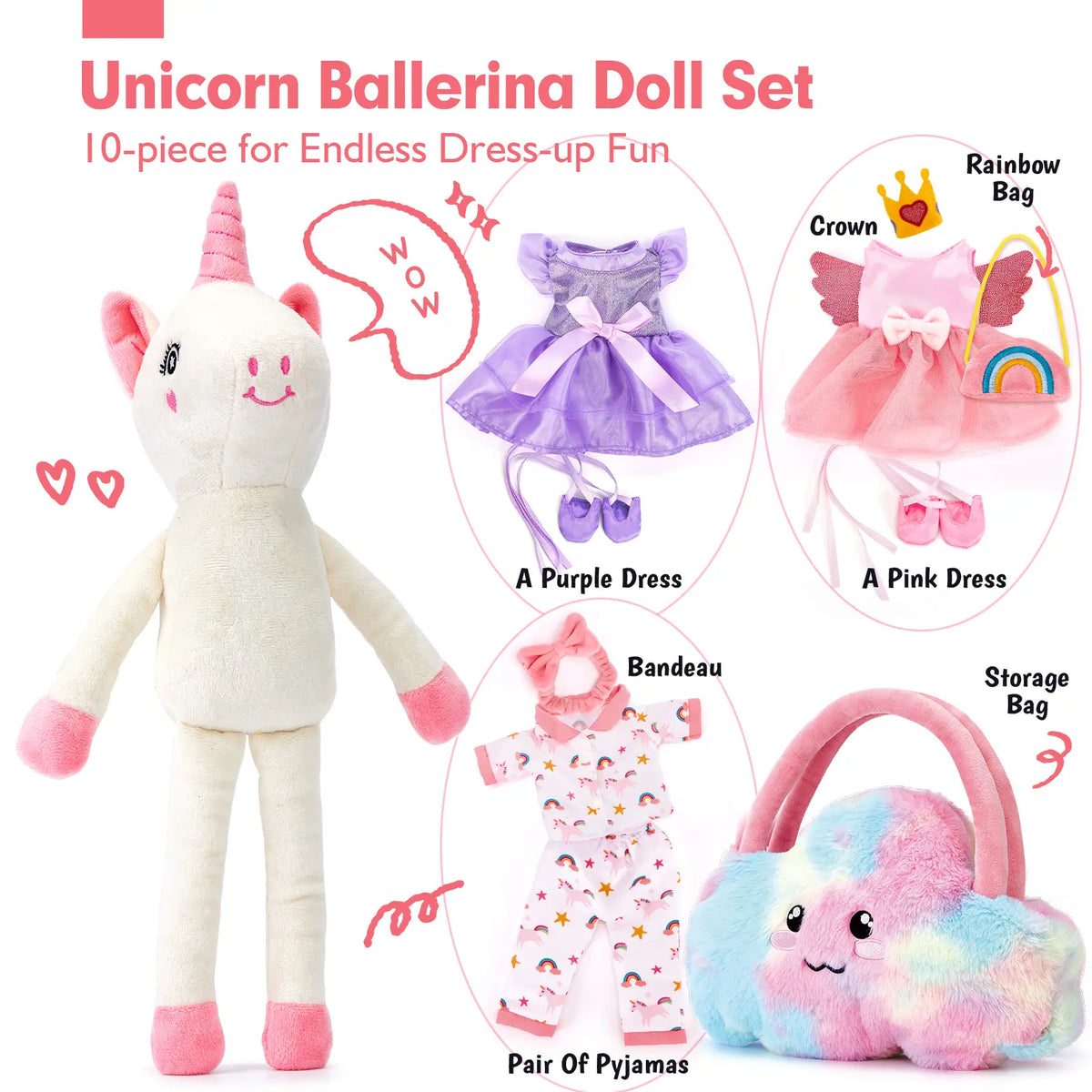 hahaland Preschool Ballerina Unicorn Plush Toy - Extra Soft Fluffy Cute Stuffed Animal with 3-Set Clothes & Rainbow Cloud Plush Bag, Kids Toys for 2-4,6 Year Olds, Confidence-Boosting Cool Gifts for Kids (Dance Recital, Graduation)