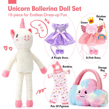 hahaland Preschool Ballerina Unicorn Plush Toy - Extra Soft Fluffy Cute Stuffed Animal with 3-Set Clothes & Rainbow Cloud Plush Bag, Kids Toys for 2-4,6 Year Olds, Confidence-Boosting Cool Gifts for Kids (Dance Recital, Graduation)