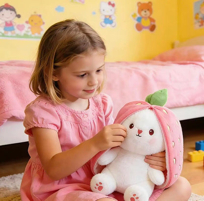Bunny Stuffed Animal, Strawberry Reversible Cuddle Bunny Plush Doll with Zipper Cute Soft Rabbit Toys Pillow for Kids and Adults Easter Bunnies Plushies Gifts