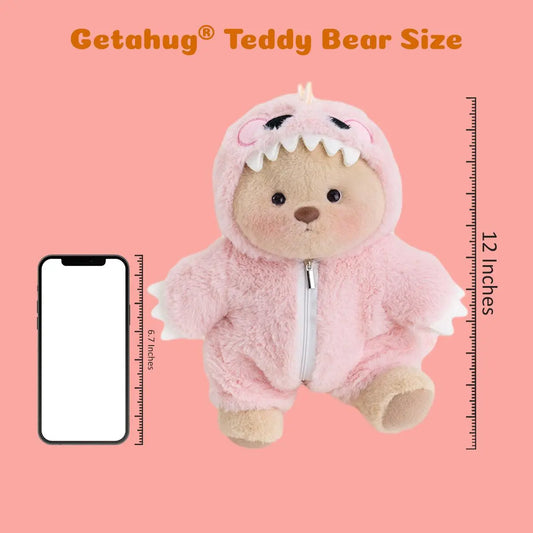 Getahug 12-in Medium Teddybear Stuffed Animal - Cute and Cuddly Hug Me Plushie with Interchangeable Outfits (Hat, Blue Shark, Pink Dinosaur, Elephant, Heart-Shape Sweater) - Unique Gifts for Girlfriend