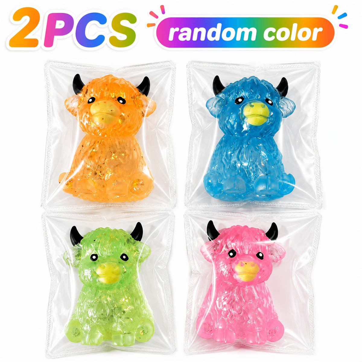1/2pcs Cute Glitter Highland Cow Squeeze Toy, Transparent Maltose Gel Squishy Toy, Cartoon Animal Hand Play Toy, Kids Party Bag Fillers, Random Color, Classroom Rewards, Birthday Holiday Gift Supplies, Novel And Funny Prank Toys