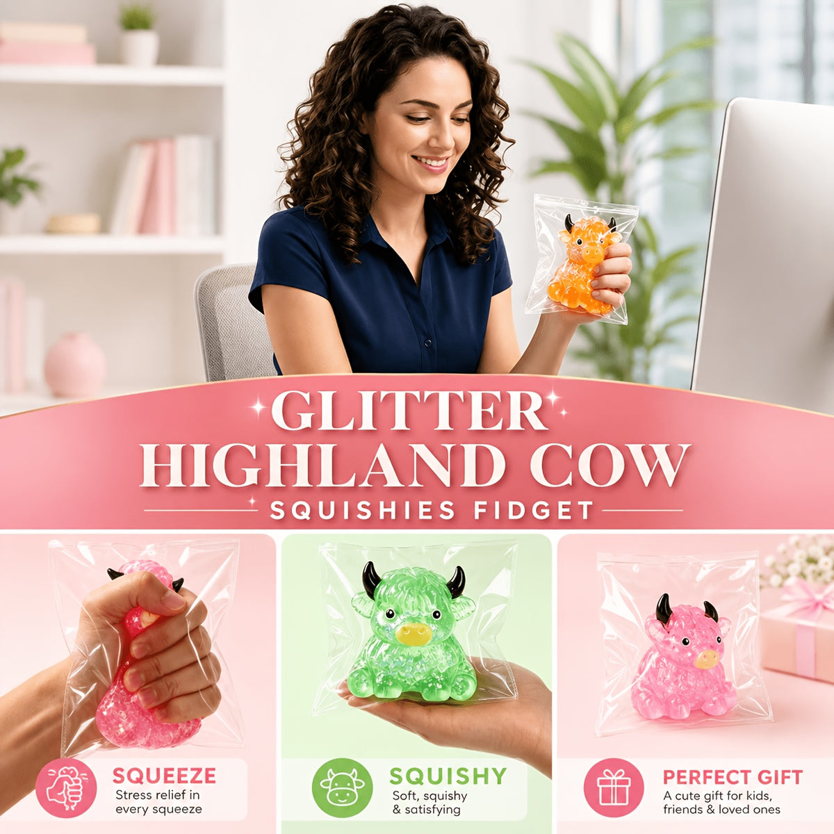 1/2pcs Cute Glitter Highland Cow Squeeze Toy, Transparent Maltose Gel Squishy Toy, Cartoon Animal Hand Play Toy, Kids Party Bag Fillers, Random Color, Classroom Rewards, Birthday Holiday Gift Supplies, Novel And Funny Prank Toys