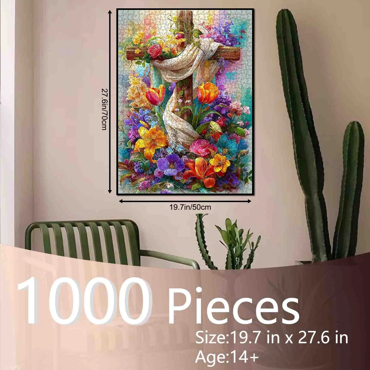 Tucocoo Floral Cross Christian 1000 Pieces Jigsaw Puzzle Wooden Cross Blooming Spring Flowers Faith Inspired Artwork for Adults, Family Game Night, Stress Relief, Brain Challenge, Wall Decor Gift for Christians, 27.5x20inch(70x50cm)