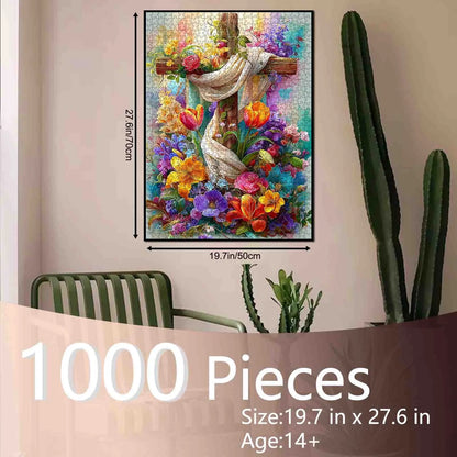 Tucocoo Floral Cross Christian 1000 Pieces Jigsaw Puzzle Wooden Cross Blooming Spring Flowers Faith Inspired Artwork for Adults, Family Game Night, Stress Relief, Brain Challenge, Wall Decor Gift for Christians, 27.5x20inch(70x50cm)