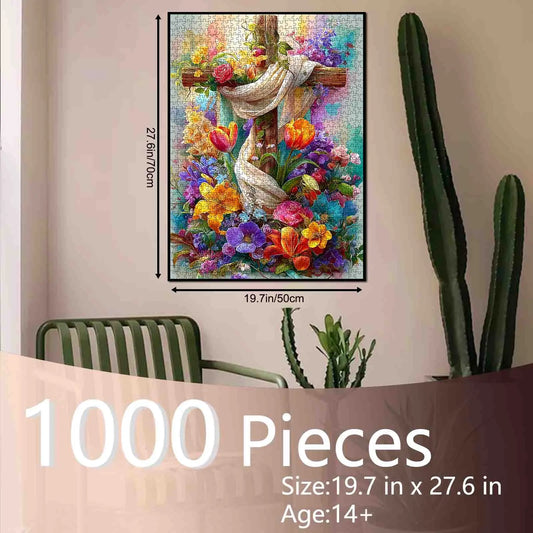 Tucocoo Floral Cross Christian 1000 Pieces Jigsaw Puzzle Wooden Cross Blooming Spring Flowers Faith Inspired Artwork for Adults, Family Game Night, Stress Relief, Brain Challenge, Wall Decor Gift for Christians, 27.5x20inch(70x50cm)