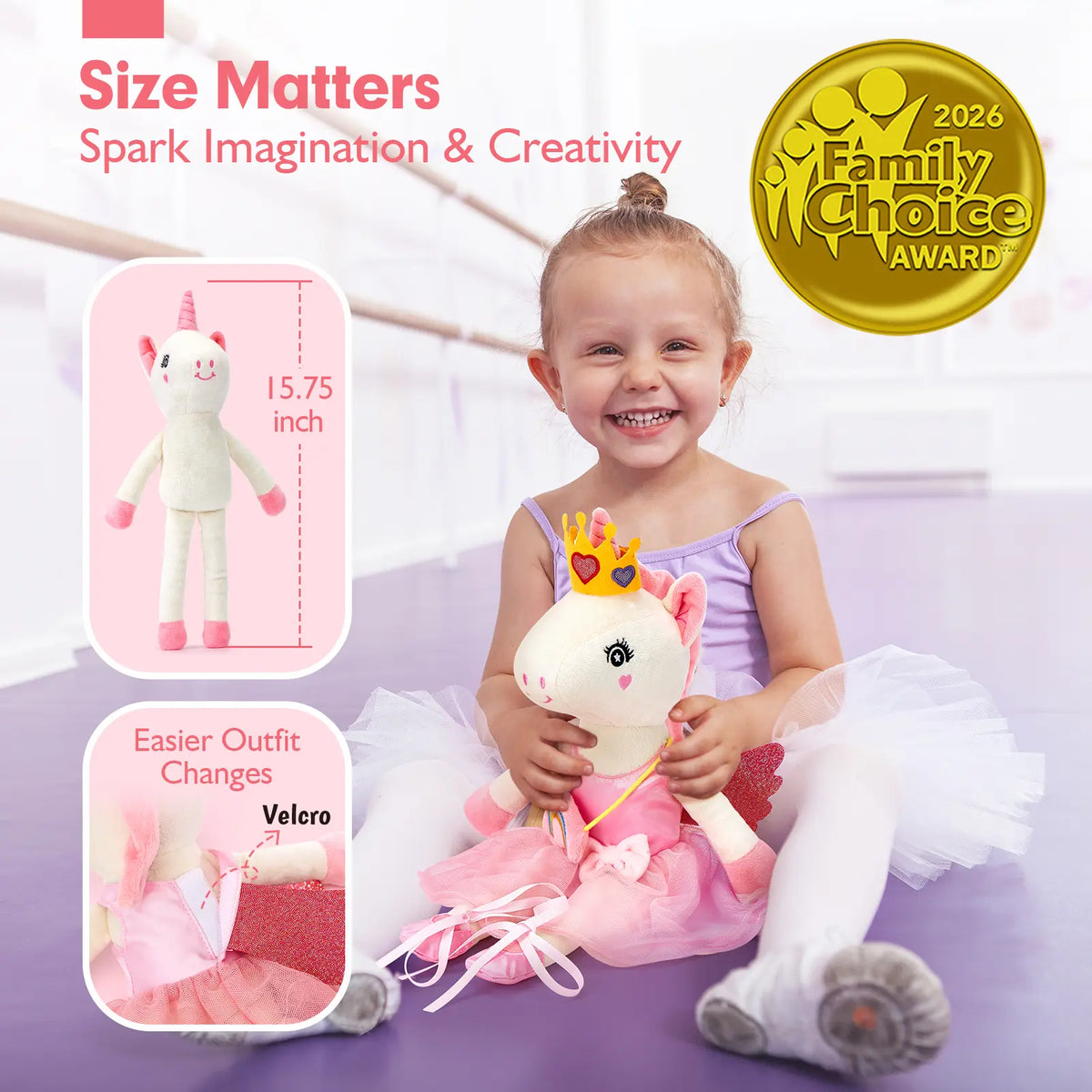 hahaland Preschool Ballerina Unicorn Plush Toy - Extra Soft Fluffy Cute Stuffed Animal with 3-Set Clothes & Rainbow Cloud Plush Bag, Kids Toys for 2-4,6 Year Olds, Confidence-Boosting Cool Gifts for Kids (Dance Recital, Graduation)
